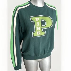 PINK Victoria Secret Sweatshirt Women’s Small Green Pullover Embroidered Stripes